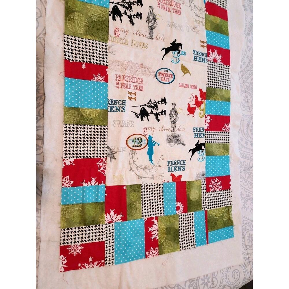 12 Days of Christmas Panel Pieced Throw Lap Quilt Top 46X24 Unfinished w Batting